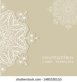 Invitation or Card template with lacе frame border, doodle line pattern, mandala element. Decorative openwork filigree art background for Wedding, Valentine's day greeting card, Birthday Invitation