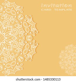 Invitation or Card template with lacе frame border, doodle line pattern, mandala element. Decorative openwork filigree art background for Wedding, Valentine's day greeting card, Birthday Invitation