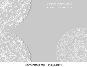 Invitation or Card template with lacе frame border, doodle line pattern, mandala element. Decorative openwork filigree art background for Wedding, Valentine's day greeting card, Birthday Invitation
