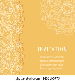 Invitation or Card template with lacе frame border, doodle line pattern, mandala element. Decorative openwork filigree art background for Wedding, Valentine's day greeting card, Birthday Invitation