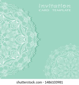 Invitation or Card template with lacе frame border, doodle line pattern, mandala element. Decorative openwork filigree art background for Wedding, Valentine's day greeting card, Birthday Invitation