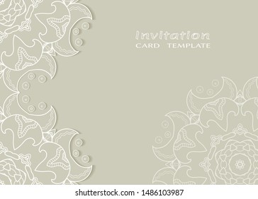 Invitation or Card template with lacе frame border, doodle line pattern, mandala element. Decorative openwork filigree art background for Wedding, Valentine's day greeting card, Birthday Invitation