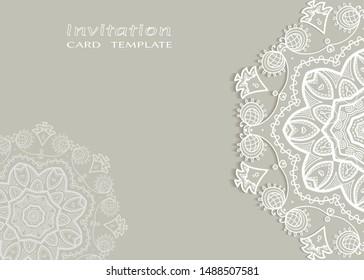 Invitation or Card template with lacе frame border, doodle line pattern, mandala element. Decorative openwork filigree art background for Wedding, Valentine's day greeting card, Birthday Invitation