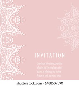 Invitation or Card template with lacе frame border, doodle line pattern, mandala element. Decorative openwork filigree art background for Wedding, Valentine's day greeting card, Birthday Invitation