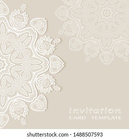 Invitation or Card template with lacе frame border, doodle line pattern, mandala element. Decorative openwork filigree art background for Wedding, Valentine's day greeting card, Birthday Invitation