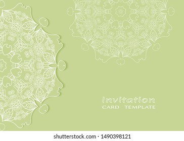 Invitation or Card template with lacе frame border, doodle line pattern, mandala element. Decorative openwork filigree art background for Wedding, Valentine's day greeting card, Birthday Invitation
