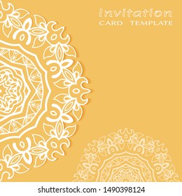 Invitation or Card template with lacе frame border, doodle line pattern, mandala element. Decorative openwork filigree art background for Wedding, Valentine's day greeting card, Birthday Invitation