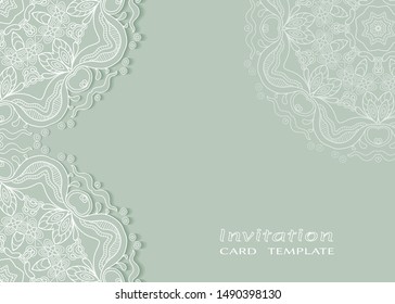 Invitation or Card template with lacе frame border, doodle line pattern, mandala element. Decorative openwork filigree art background for Wedding, Valentine's day greeting card, Birthday Invitation