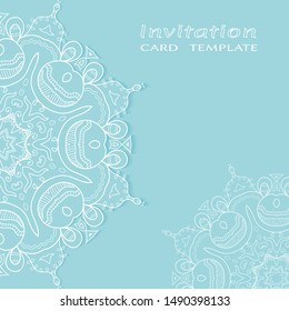 Invitation or Card template with lacе frame border, doodle line pattern, mandala element. Decorative openwork filigree art background for Wedding, Valentine's day greeting card, Birthday Invitation