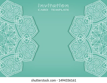 Invitation or Card template with lacе frame border, doodle line pattern, mandala element. Decorative openwork filigree art background for Wedding, Valentine's day greeting card, Birthday Invitation