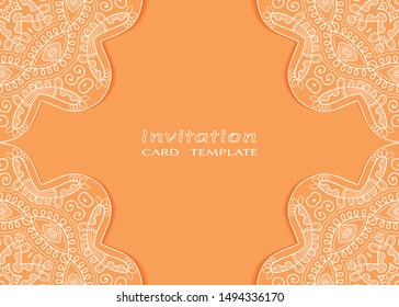 Invitation or Card template with lacе frame border, doodle line pattern, mandala element. Decorative openwork filigree art background for Wedding, Valentine's day greeting card, Birthday Invitation
