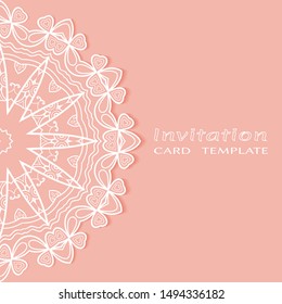 Invitation or Card template with lacе frame border, doodle line pattern, mandala element. Decorative openwork filigree art background for Wedding, Valentine's day greeting card, Birthday Invitation