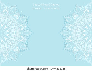 Invitation or Card template with lacе frame border, doodle line pattern, mandala element. Decorative openwork filigree art background for Wedding, Valentine's day greeting card, Birthday Invitation