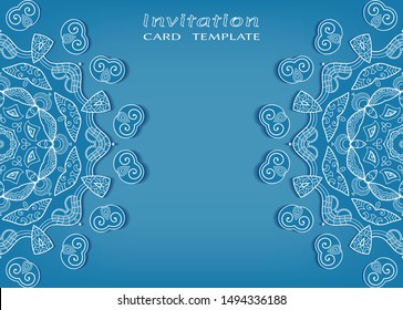 Invitation or Card template with lacе frame border, doodle line pattern, mandala element. Decorative openwork filigree art background for Wedding, Valentine's day greeting card, Birthday Invitation