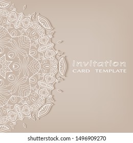 Invitation or Card template with lacе frame border, doodle line pattern, mandala element. Decorative openwork filigree art background for Wedding, Valentine's day greeting card, Birthday Invitation