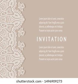Invitation or Card template with lacе frame border, doodle line pattern, mandala element. Decorative openwork filigree art background for Wedding, Valentine's day greeting card, Birthday Invitation