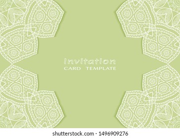 Invitation or Card template with lacе frame border, doodle line pattern, mandala element. Decorative openwork filigree art background for Wedding, Valentine's day greeting card, Birthday Invitation