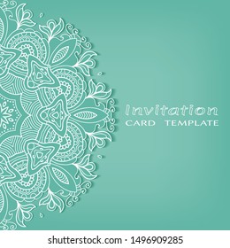 Invitation or Card template with lacе frame border, doodle line pattern, mandala element. Decorative openwork filigree art background for Wedding, Valentine's day greeting card, Birthday Invitation