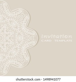 Invitation or Card template with lacе frame border, doodle line pattern, mandala element. Decorative openwork filigree art background for Wedding, Valentine's day greeting card, Birthday Invitation