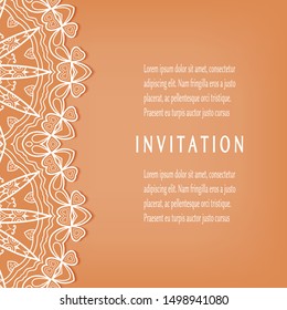 Invitation or Card template with lacе frame border, doodle line pattern, mandala element. Decorative openwork filigree art background for Wedding, Valentine's day greeting card, Birthday Invitation