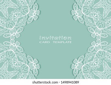 Invitation or Card template with lacе frame border, doodle line pattern, mandala element. Decorative openwork filigree art background for Wedding, Valentine's day greeting card, Birthday Invitation