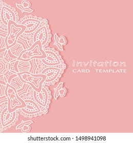 Invitation or Card template with lacе frame border, doodle line pattern, mandala element. Decorative openwork filigree art background for Wedding, Valentine's day greeting card, Birthday Invitation