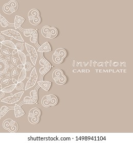 Invitation or Card template with lacе frame border, doodle line pattern, mandala element. Decorative openwork filigree art background for Wedding, Valentine's day greeting card, Birthday Invitation