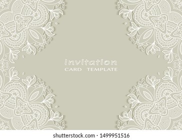 Invitation or Card template with lacе frame border, doodle line pattern, mandala element. Decorative openwork filigree art background for Wedding, Valentine's day greeting card, Birthday Invitation