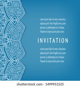 Invitation or Card template with lacе frame border, doodle line pattern, mandala element. Decorative openwork filigree art background for Wedding, Valentine's day greeting card, Birthday Invitation