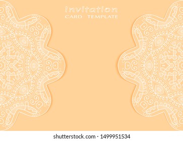 Invitation or Card template with lacе frame border, doodle line pattern, mandala element. Decorative openwork filigree art background for Wedding, Valentine's day greeting card, Birthday Invitation