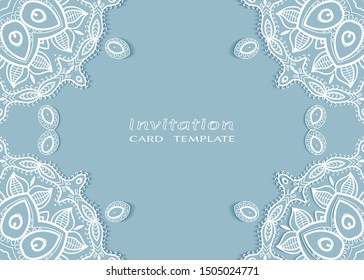 Invitation or Card template with lacе frame border, doodle line pattern, mandala element. Decorative openwork filigree art background for Wedding, Valentine's day greeting card, Birthday Invitation