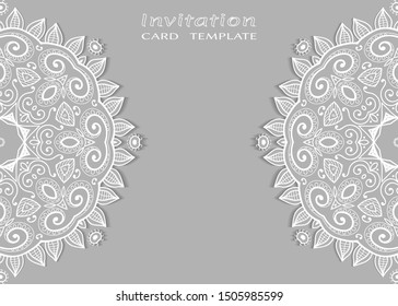 Invitation or Card template with lacе frame border, doodle line pattern, mandala element. Decorative openwork filigree art background for Wedding, Valentine's day greeting card, Birthday Invitation