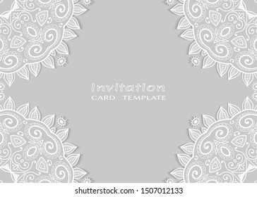 Invitation or Card template with lacе frame border, doodle line pattern, mandala element. Decorative openwork filigree art background for Wedding, Valentine's day greeting card, Birthday Invitation