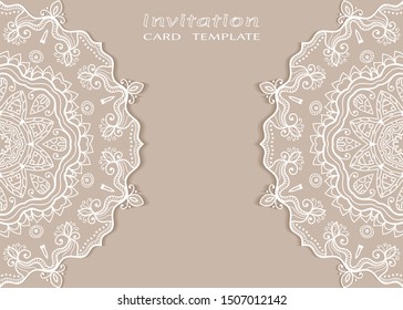 Invitation or Card template with lacе frame border, doodle line pattern, mandala element. Decorative openwork filigree art background for Wedding, Valentine's day greeting card, Birthday Invitation
