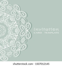 Invitation or Card template with lacе frame border, doodle line pattern, mandala element. Decorative openwork filigree art background for Wedding, Valentine's day greeting card, Birthday Invitation