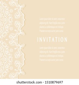 Invitation or Card template with lacе frame border, doodle line pattern, mandala element. Decorative openwork filigree art background for Wedding, Valentine's day greeting card, Birthday Invitation