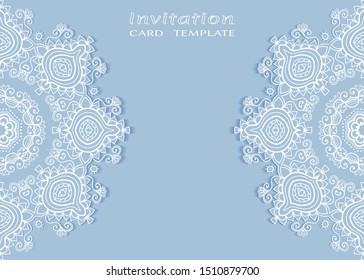 Invitation or Card template with lacе frame border, doodle line pattern, mandala element. Decorative openwork filigree art background for Wedding, Valentine's day greeting card, Birthday Invitation
