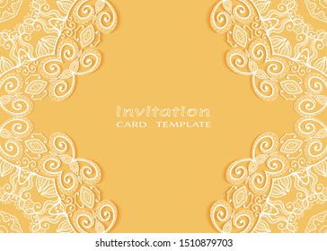 Invitation or Card template with lacе frame border, doodle line pattern, mandala element. Decorative openwork filigree art background for Wedding, Valentine's day greeting card, Birthday Invitation