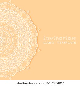 Invitation or Card template with lacе frame border, doodle line pattern, mandala element. Decorative openwork filigree art background for Wedding, Valentine's day greeting card, Birthday Invitation