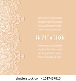 Invitation or Card template with lacе frame border, doodle line pattern, mandala element. Decorative openwork filigree art background for Wedding, Valentine's day greeting card, Birthday Invitation