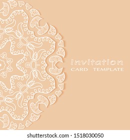 Invitation or Card template with lacе frame border, doodle line pattern, mandala element. Decorative openwork filigree art background for Wedding, Valentine's day greeting card, Birthday Invitation