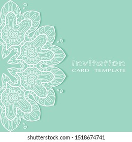 Invitation or Card template with lacе frame border, doodle line pattern, mandala element. Decorative openwork filigree art background for Wedding, Valentine's day greeting card, Birthday Invitation