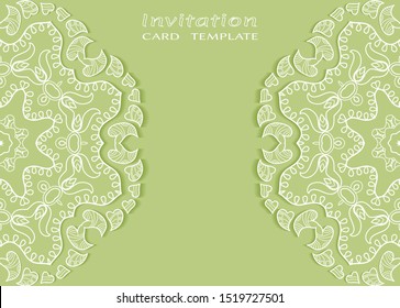 Invitation or Card template with lacе frame border, doodle line pattern, mandala element. Decorative openwork filigree art background for Wedding, Valentine's day greeting card, Birthday Invitation