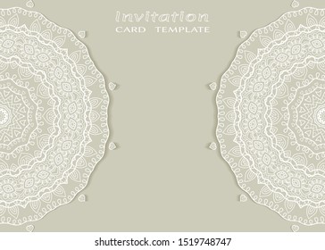 Invitation or Card template with lacе frame border, doodle line pattern, mandala element. Decorative openwork filigree art background for Wedding, Valentine's day greeting card, Birthday Invitation