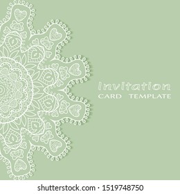 Invitation or Card template with lacе frame border, doodle line pattern, mandala element. Decorative openwork filigree art background for Wedding, Valentine's day greeting card, Birthday Invitation