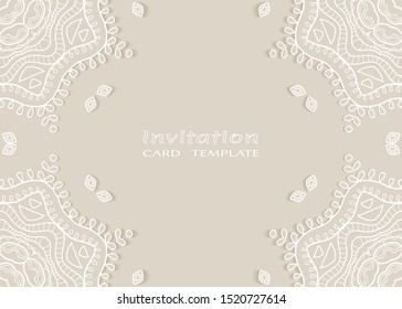 Invitation or Card template with lacе frame border, doodle line pattern, mandala element. Decorative openwork filigree art background for Wedding, Valentine's day greeting card, Birthday Invitation