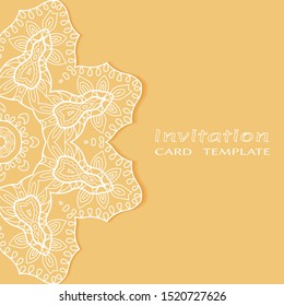 Invitation or Card template with lacе frame border, doodle line pattern, mandala element. Decorative openwork filigree art background for Wedding, Valentine's day greeting card, Birthday Invitation