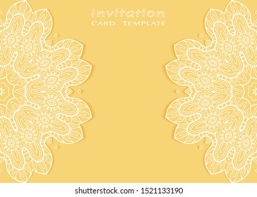 Invitation or Card template with lacе frame border, doodle line pattern, mandala element. Decorative openwork filigree art background for Wedding, Valentine's day greeting card, Birthday Invitation