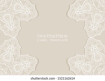 Invitation or Card template with lacе frame border, doodle line pattern, mandala element. Decorative openwork filigree art background for Wedding, Valentine's day greeting card, Birthday Invitation