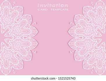 Invitation or Card template with lacе frame border, doodle line pattern, mandala element. Decorative openwork filigree art background for Wedding, Valentine's day greeting card, Birthday Invitation